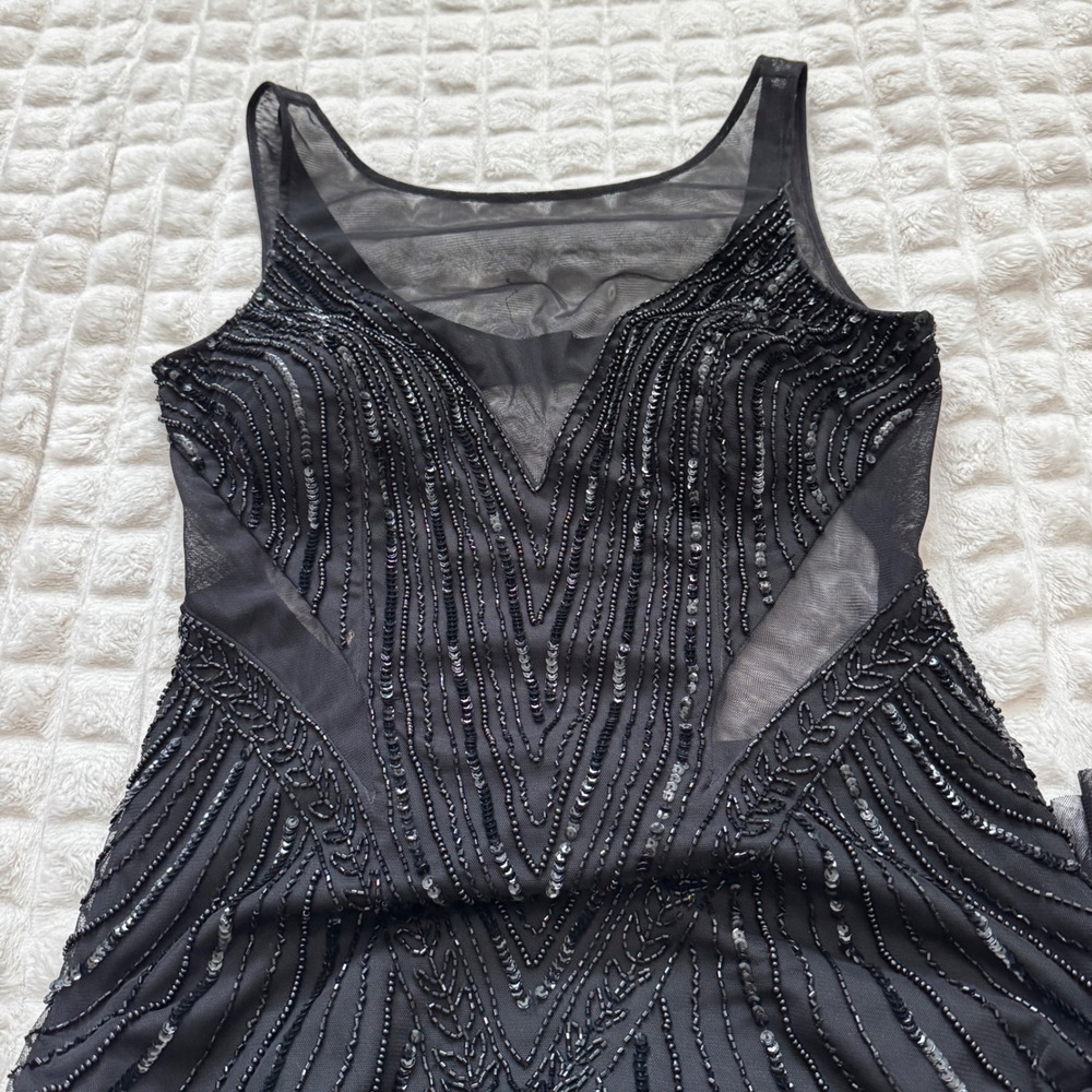 Adrianna Papell 6 Black Beaded Mesh Mermaid Gown Formal Maxi Dress Prom Evening - Picture 5 of 9